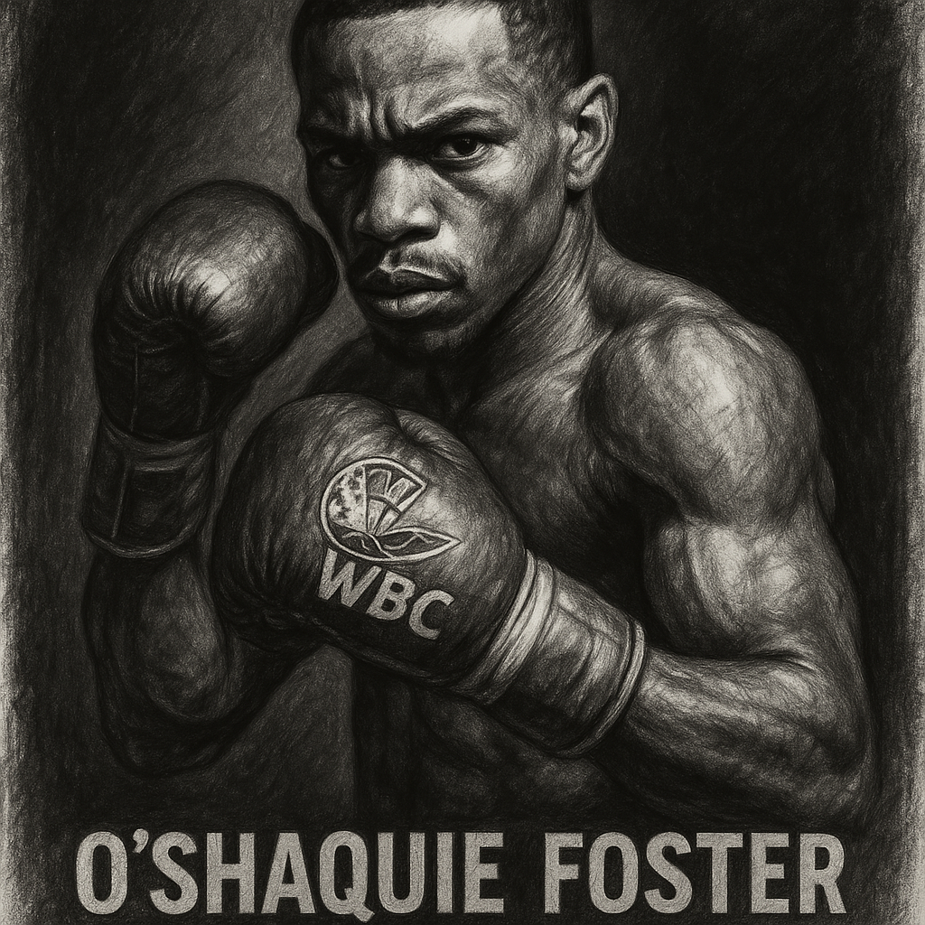 O'Shaquie Foster in boxing pose, charcoal portrait