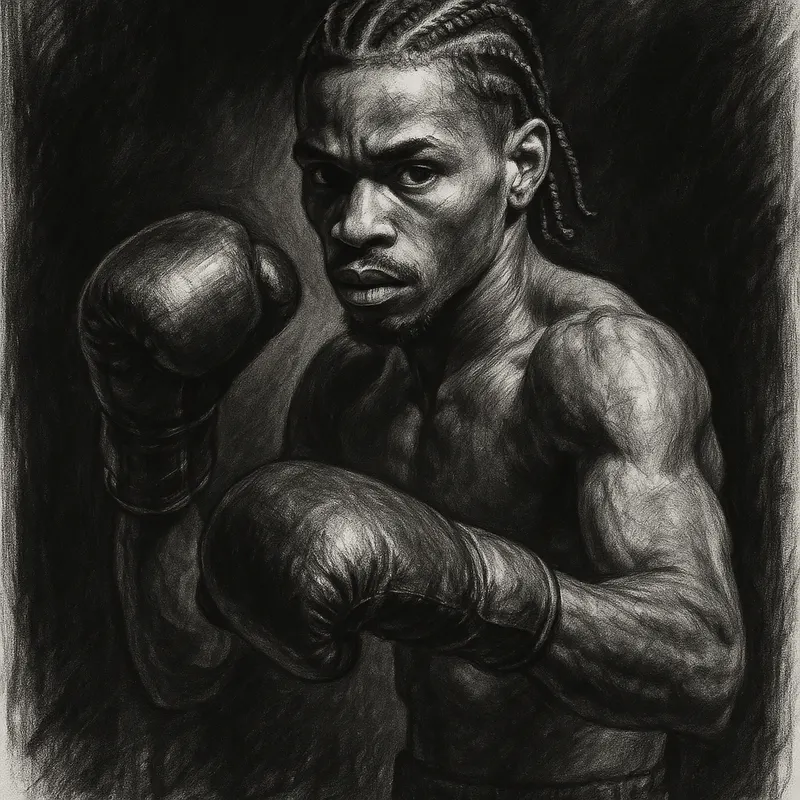 O'Shaquie Foster in boxing pose, charcoal portrait