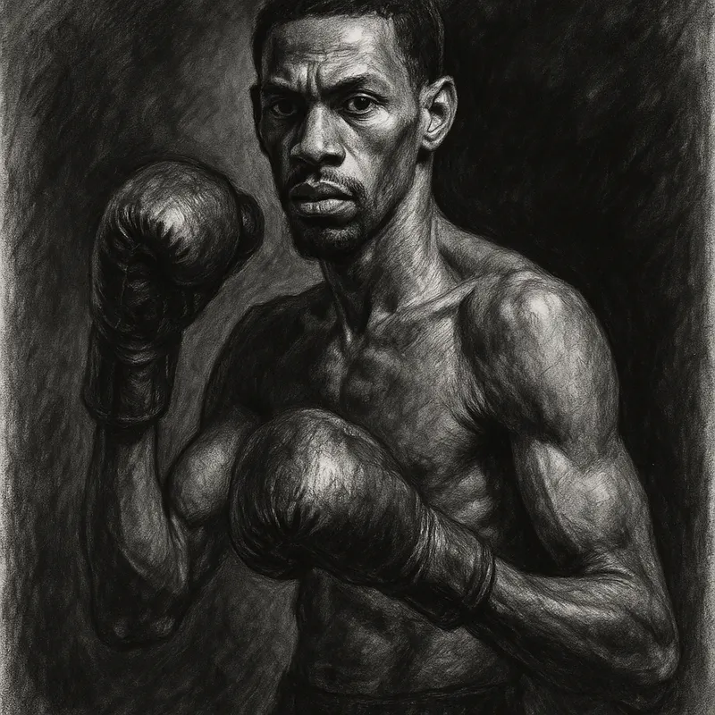 O'Shaquie Foster in boxing pose, charcoal portrait