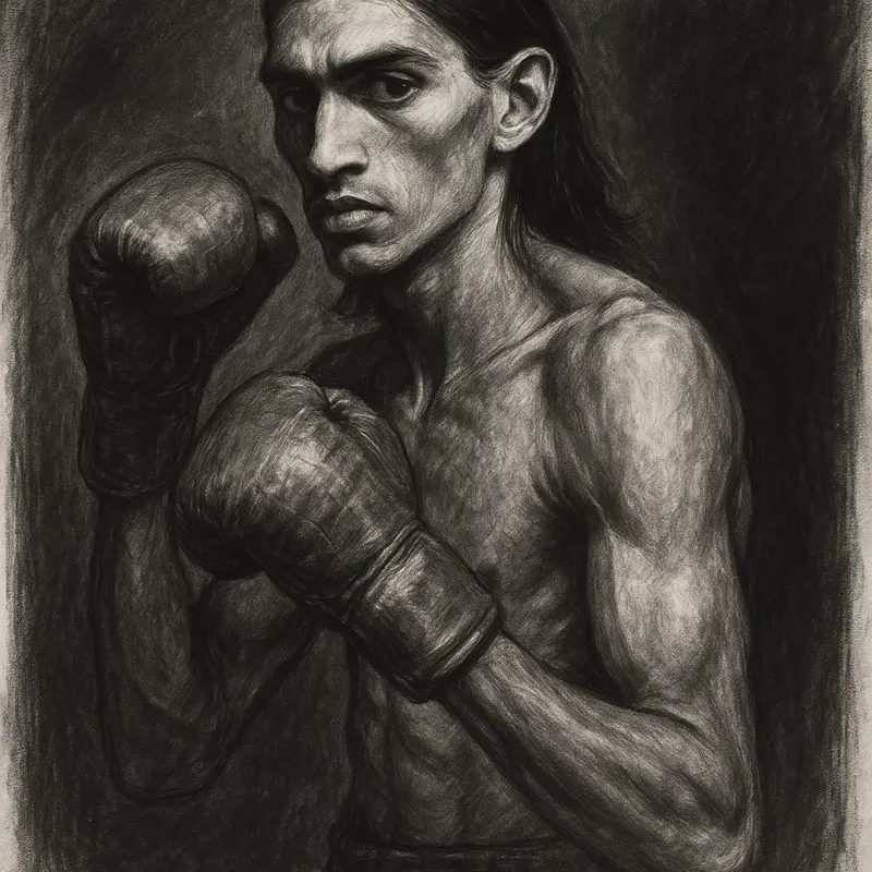 Sebastian Fundora in boxing pose, charcoal portrait