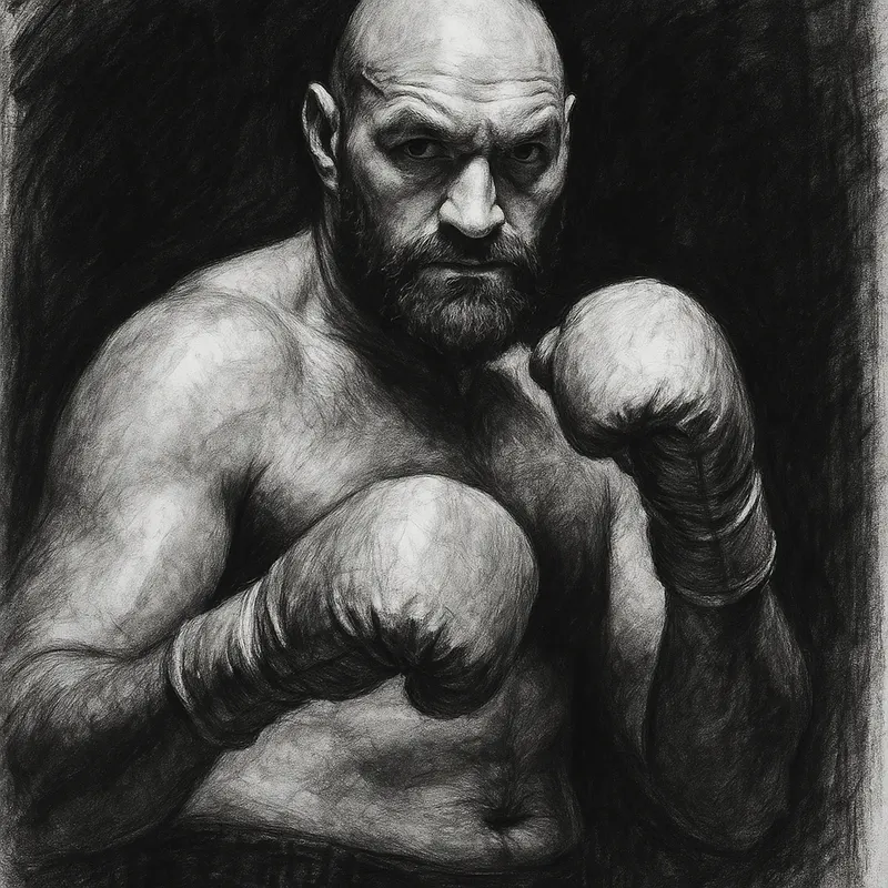 Tyson Fury in boxing pose, charcoal portrait