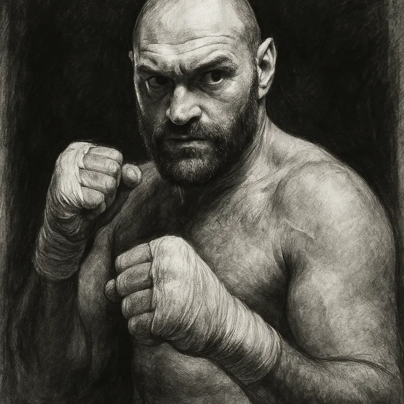 Tyson Fury in boxing pose, charcoal portrait