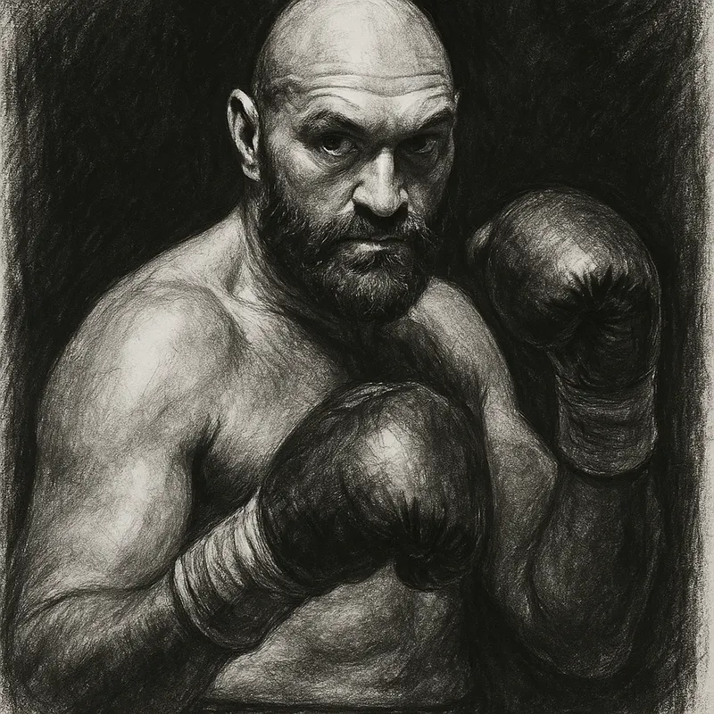 Tyson Fury in boxing pose, charcoal portrait