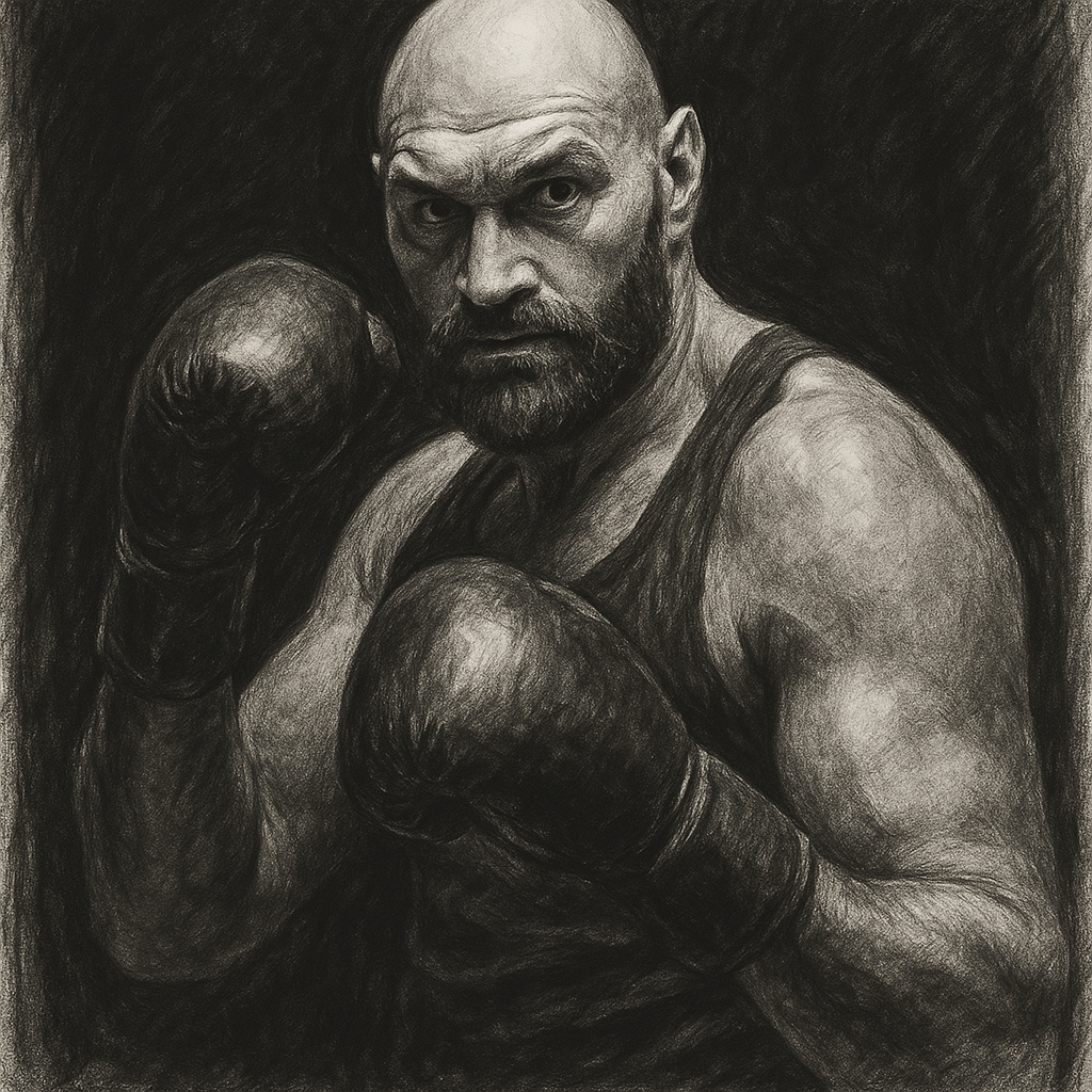 Tyson Fury in boxing pose, charcoal portrait