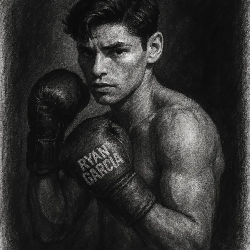 Ryan Garcia in boxing pose, charcoal portrait