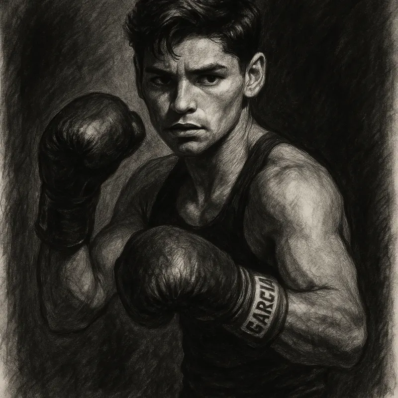 Ryan Garcia in boxing pose, charcoal portrait