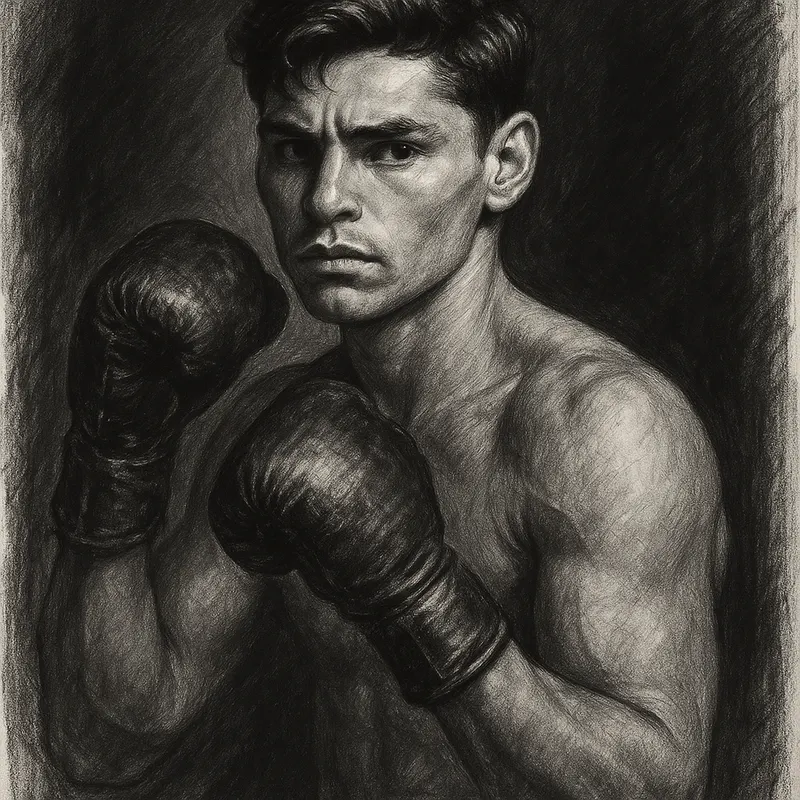Ryan Garcia in boxing pose, charcoal portrait