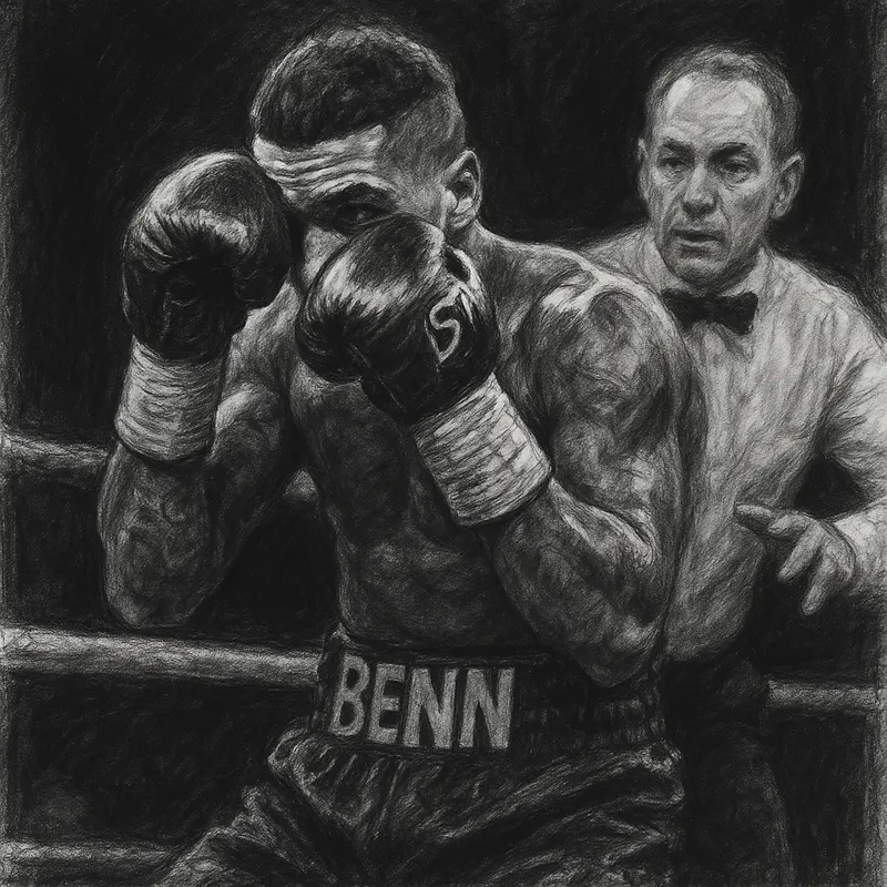 Conor Benn covering up on the ropes, charcoal portrait