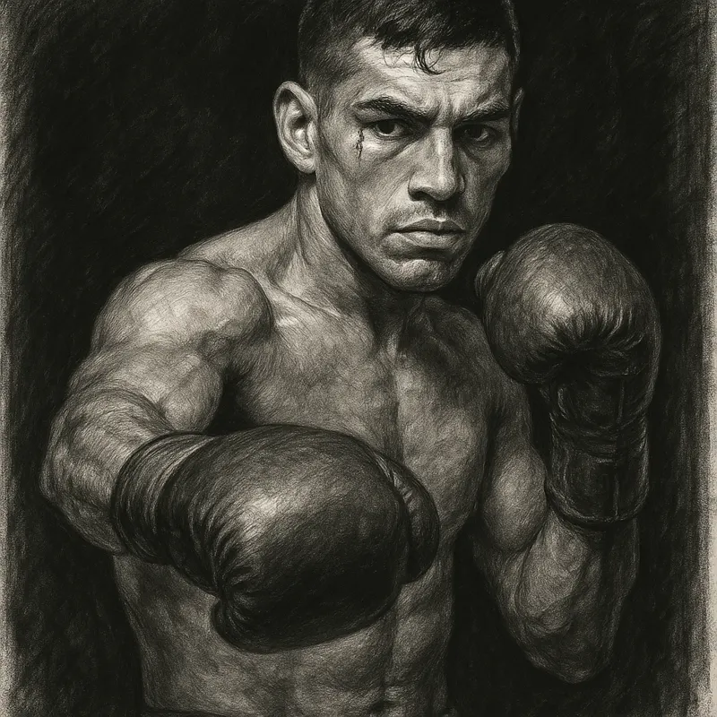 Alexis Rocha in boxing pose, charcoal portrait