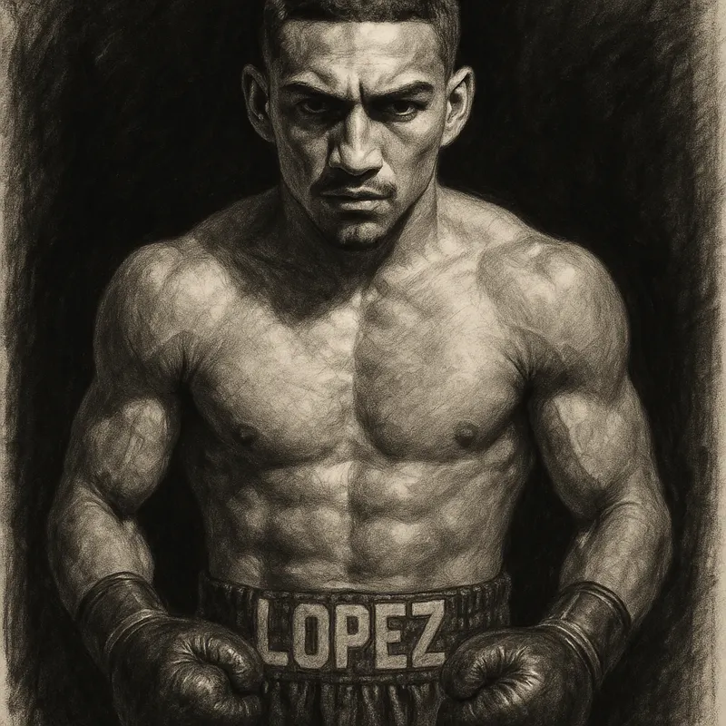 Teofimo Lopez in boxing pose, charcoal portrait