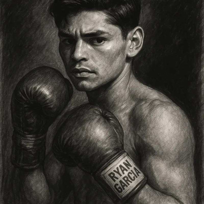 Ryan Garcia in boxing pose, charcoal portrait