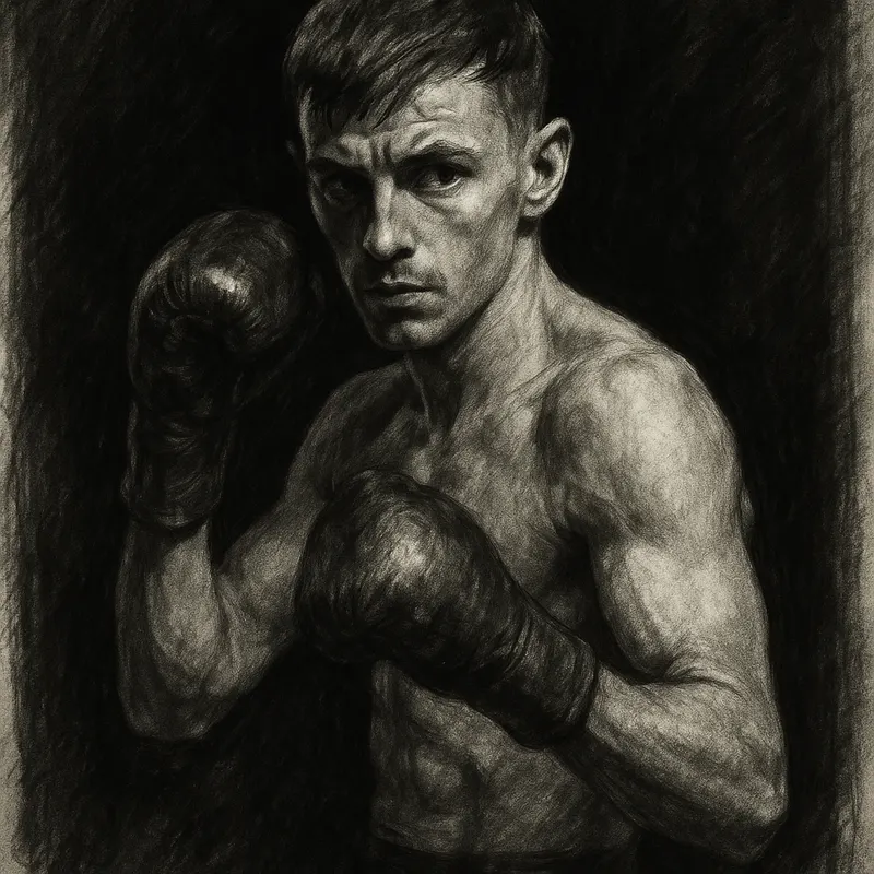 Ryan Garner in boxing pose, charcoal portrait