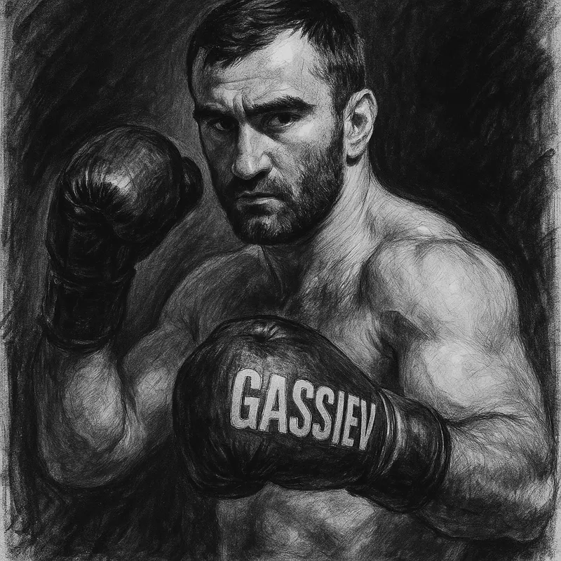 Murat Gassiev in boxing pose, charcoal portrait