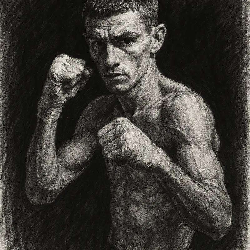 Sam Goodman in boxing pose, charcoal portrait