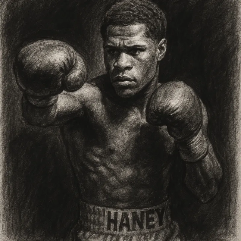 Devin Haney in boxing pose, charcoal portrait