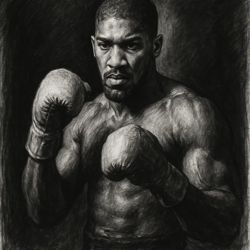 Anthony Joshua in boxing pose, charcoal portrait