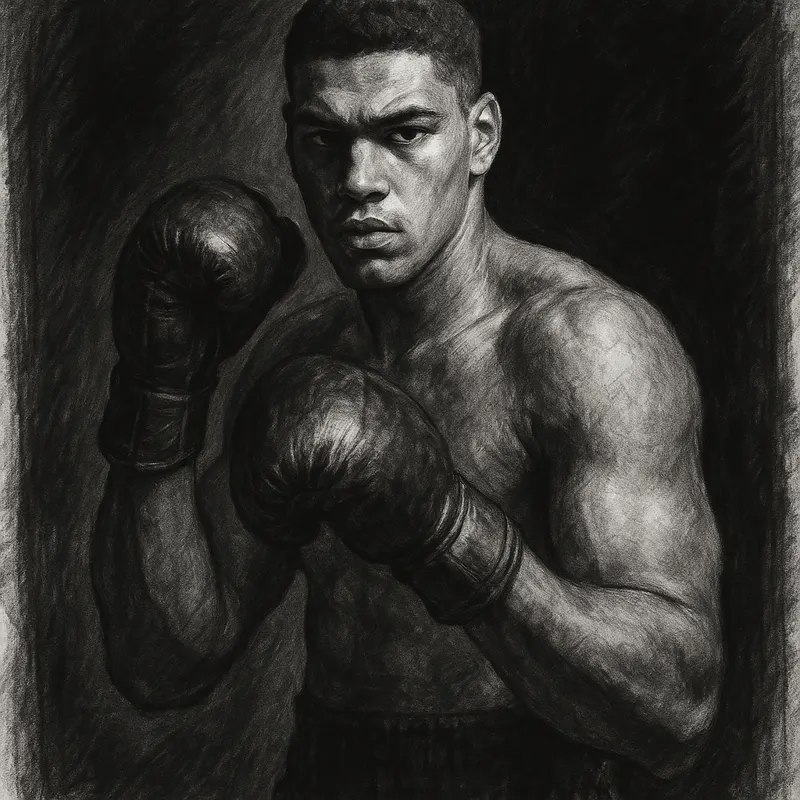 Moses Itauma in boxing pose, charcoal portrait