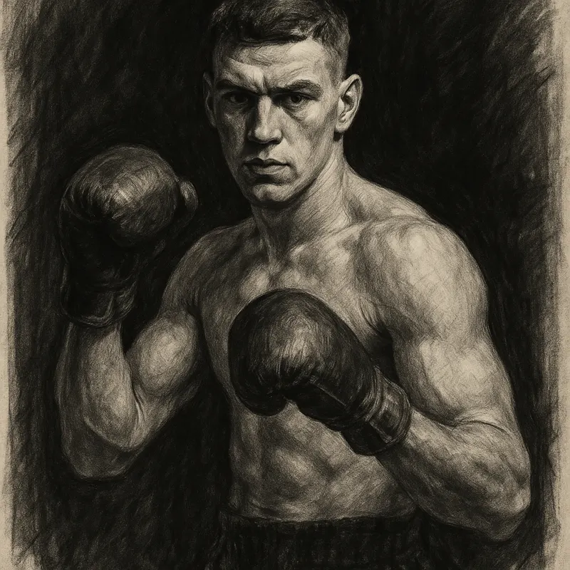 Pat Brown in boxing pose, charcoal portrait