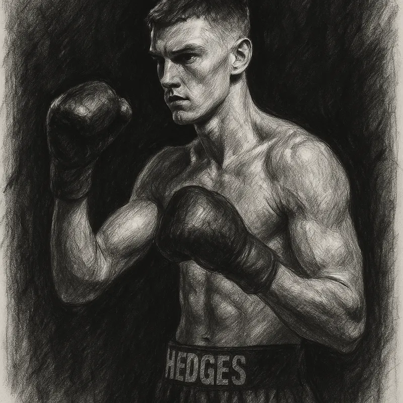 John Hedges in boxing pose, charcoal portrait