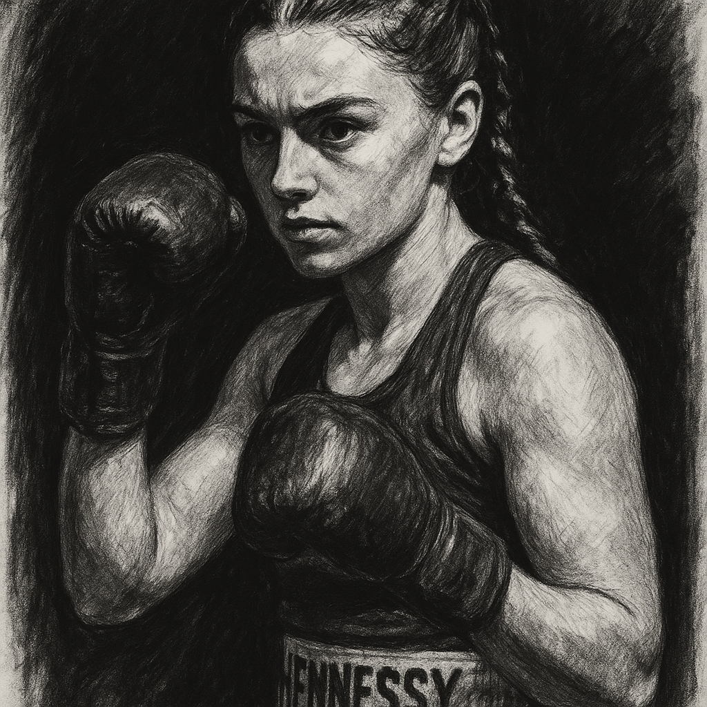 Francesca Hennessy charcoal portrait boxing pose