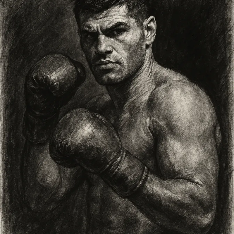 Filip Hrgovic in boxing pose, charcoal portrait