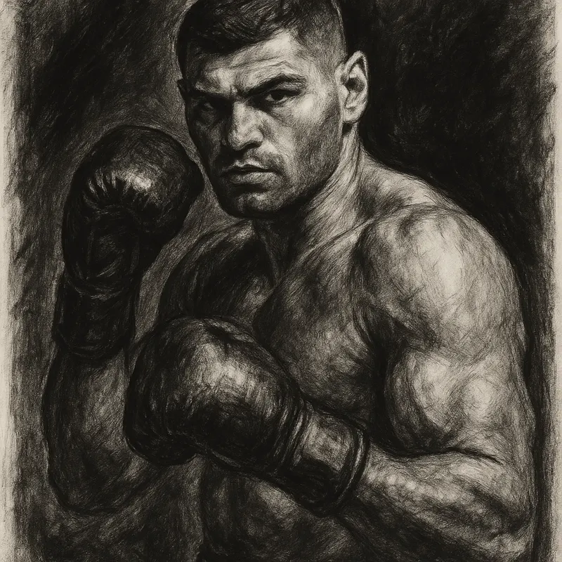 Filip Hrgovic in boxing pose, charcoal portrait