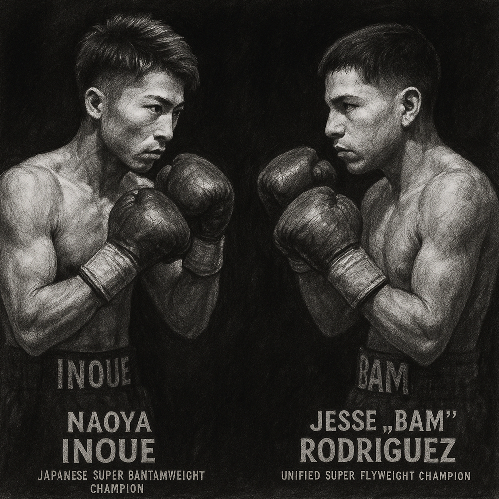 Naoya Inoue and Jesse Bam Rodriguez Japan superfight charcoal portrait