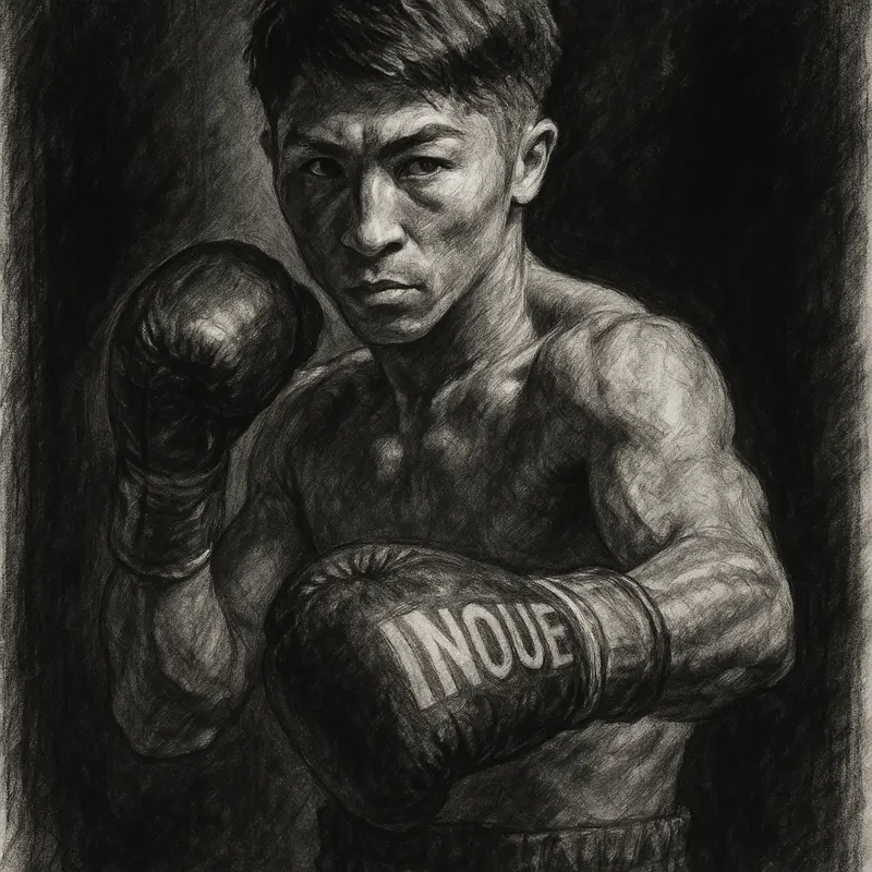 Naoya Inoue in boxing pose, charcoal portrait