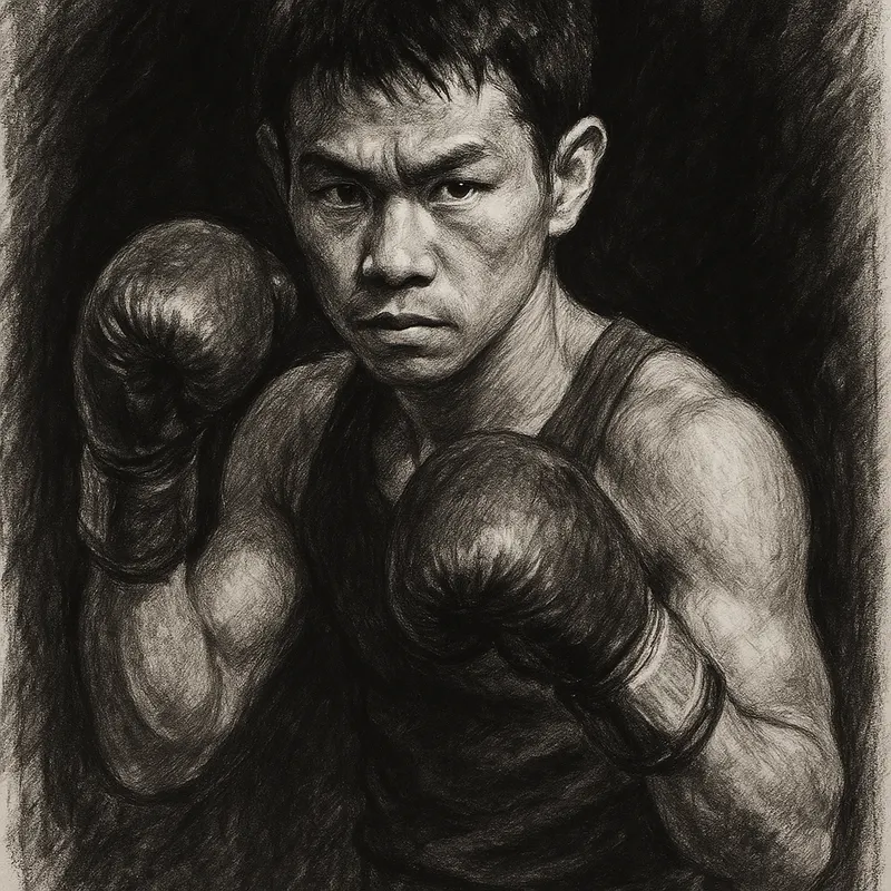 Takeshi Ishii in boxing pose, charcoal portrait