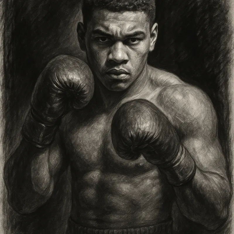 Moses Itauma in boxing pose, charcoal portrait