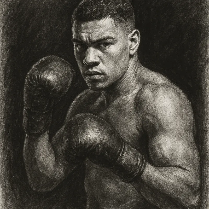 Moses Itauma in boxing pose, charcoal portrait