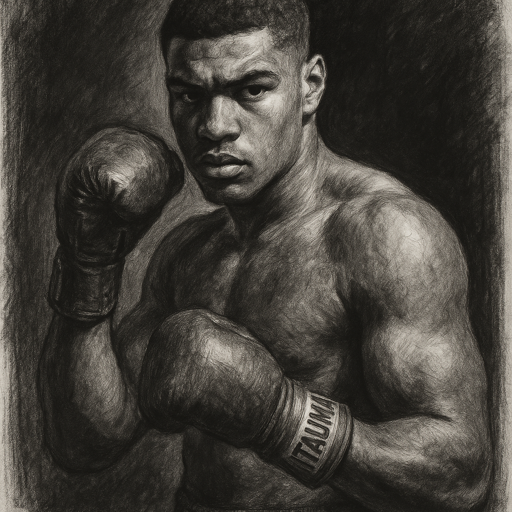 Moses Itauma in boxing pose, charcoal portrait