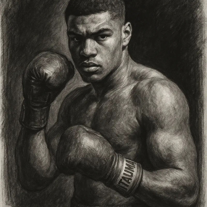 Moses Itauma in boxing pose, charcoal portrait