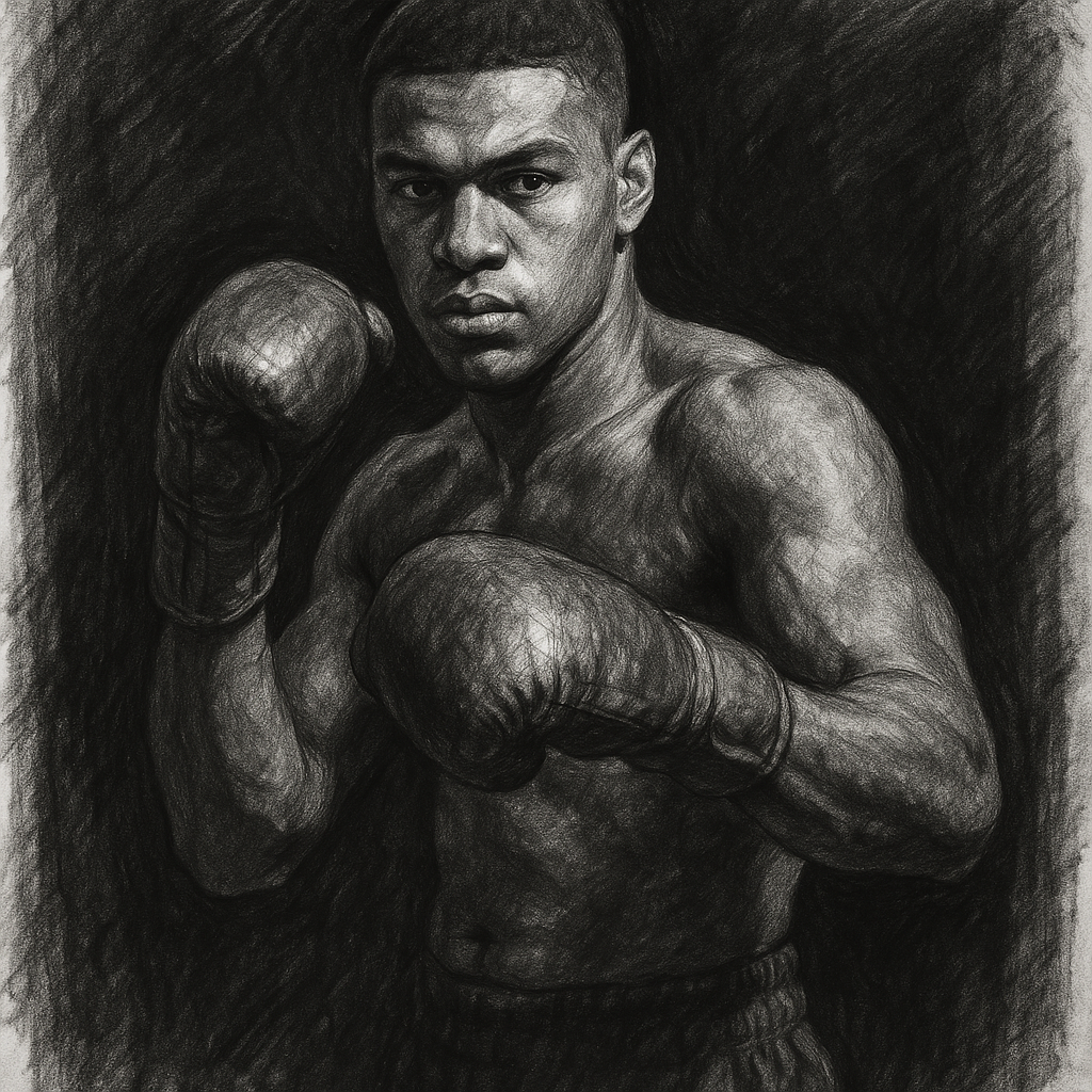 Moses Itauma in boxing pose, charcoal portrait
