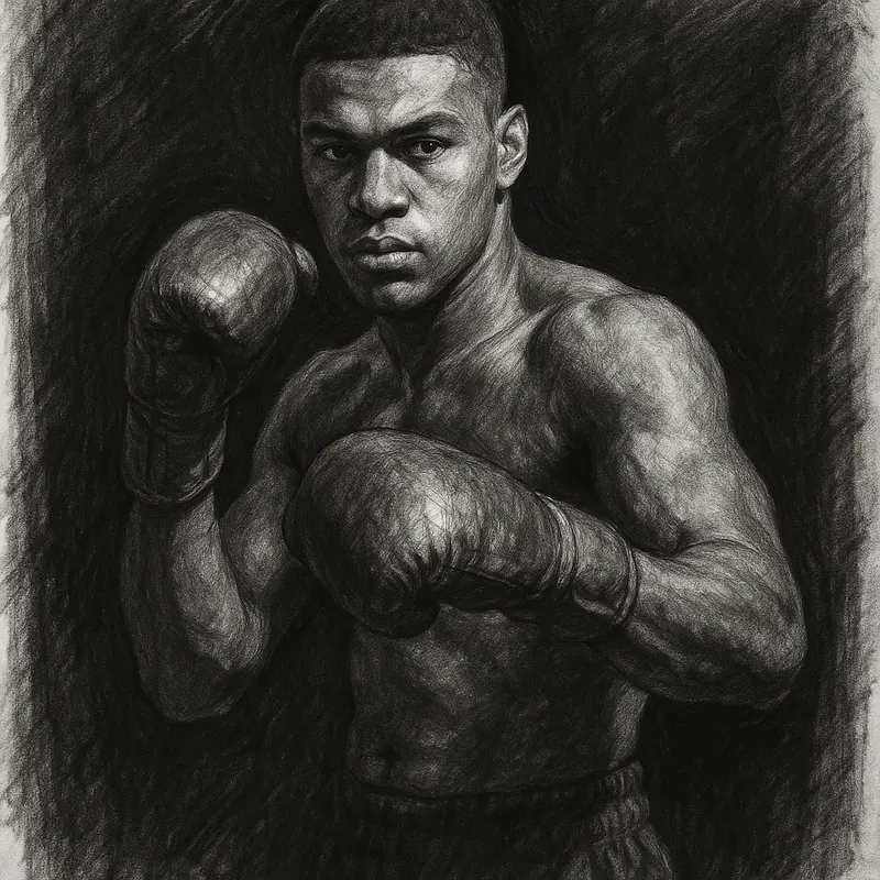 Moses Itauma in boxing pose, charcoal portrait