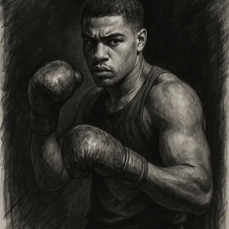 Moses Itauma in boxing pose, charcoal portrait