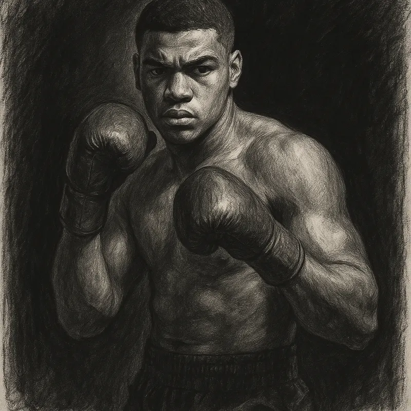 Moses Itauma in boxing pose, charcoal portrait