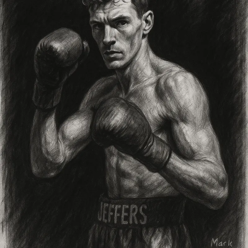 Mark Jeffers in boxing pose, charcoal portrait