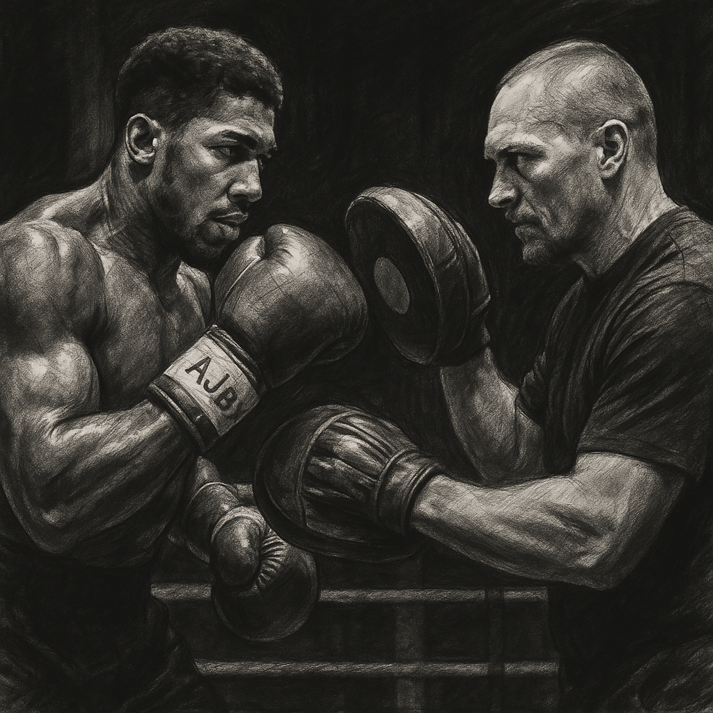 Anthony Joshua training in Oleksandr Usyk Gandia camp charcoal portrait