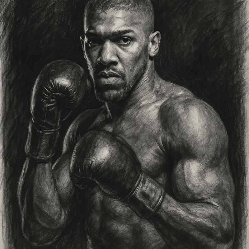 Anthony Joshua in boxing pose, charcoal portrait