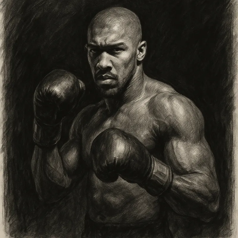 Anthony Joshua in boxing pose, charcoal portrait