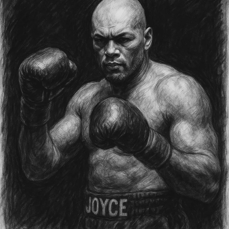 Joe Joyce in boxing pose, charcoal portrait