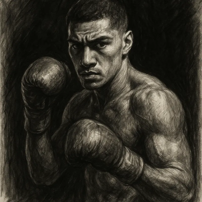 Jai Opetaia in boxing pose, charcoal portrait