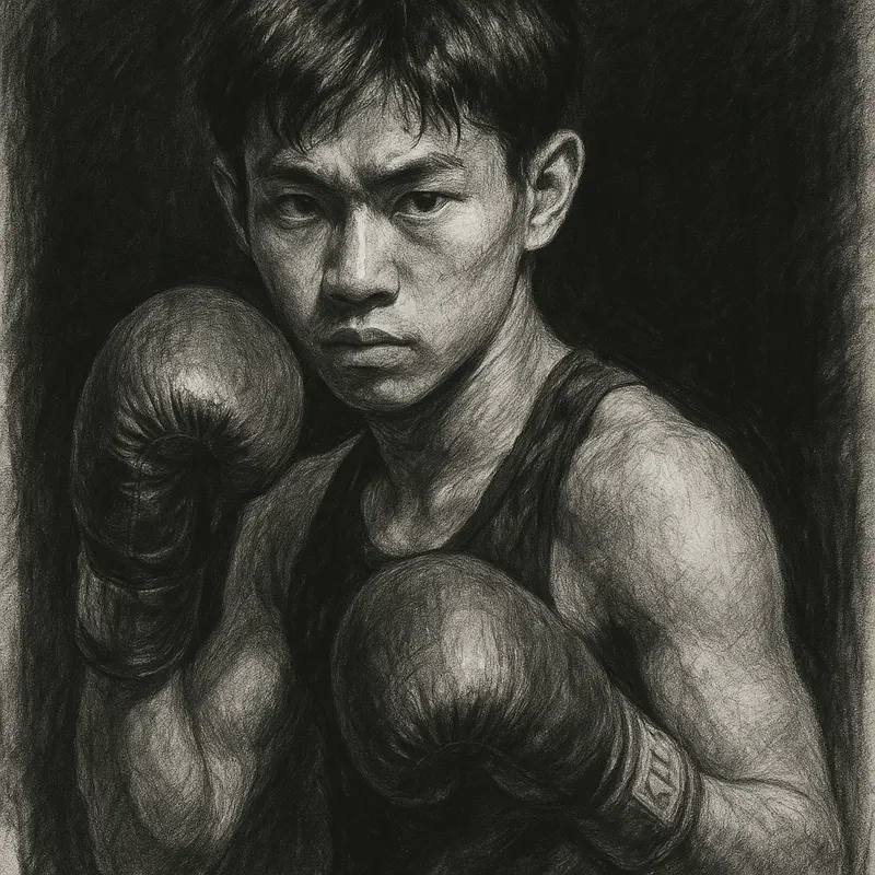 Daiya Kira in boxing pose, charcoal portrait
