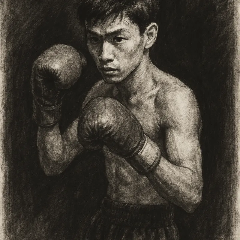 Daiya Kira in boxing pose, charcoal portrait