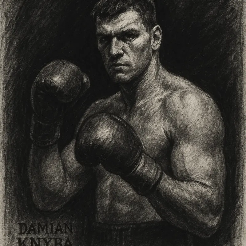 Damian Knyba in boxing pose, charcoal portrait