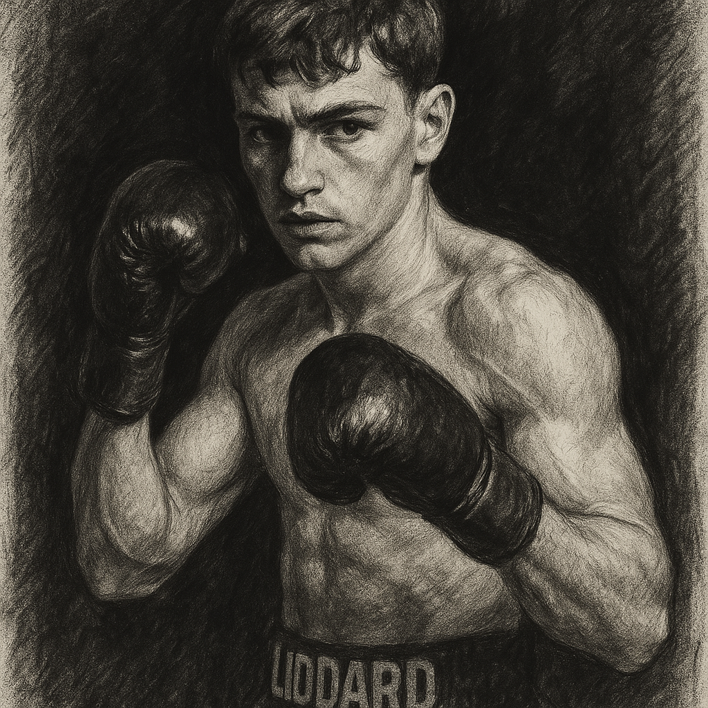 George Liddard in boxing pose, charcoal portrait