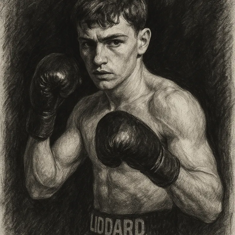 George Liddard in boxing pose, charcoal portrait