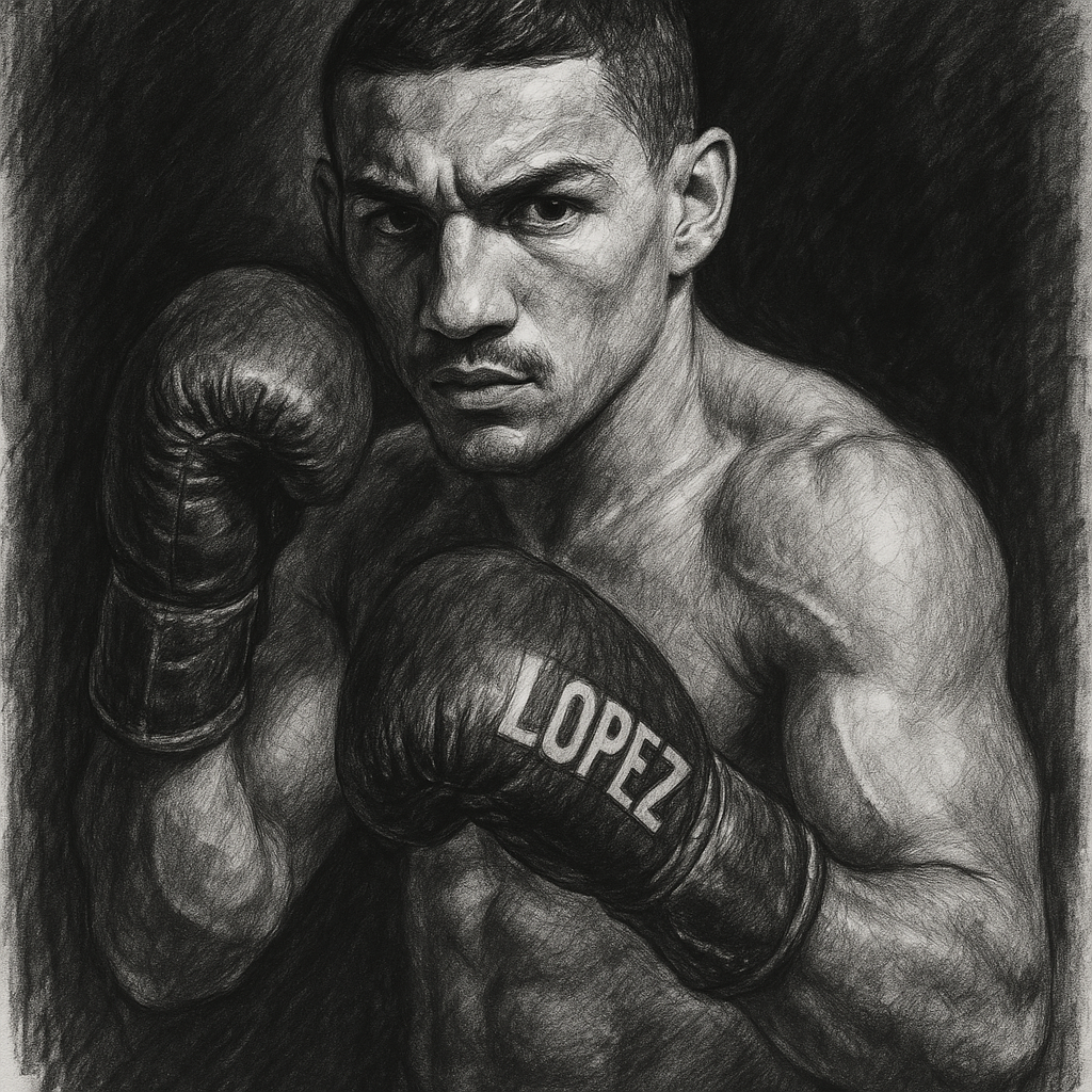 Teofimo Lopez in boxing pose, charcoal portrait
