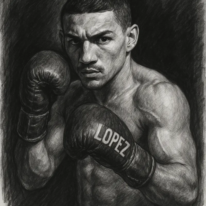 Teofimo Lopez in boxing pose, charcoal portrait